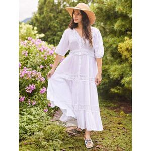 April Cornell Liberty White Cotton Puff Sleeve Lace Tiered Midi Dress, size XL